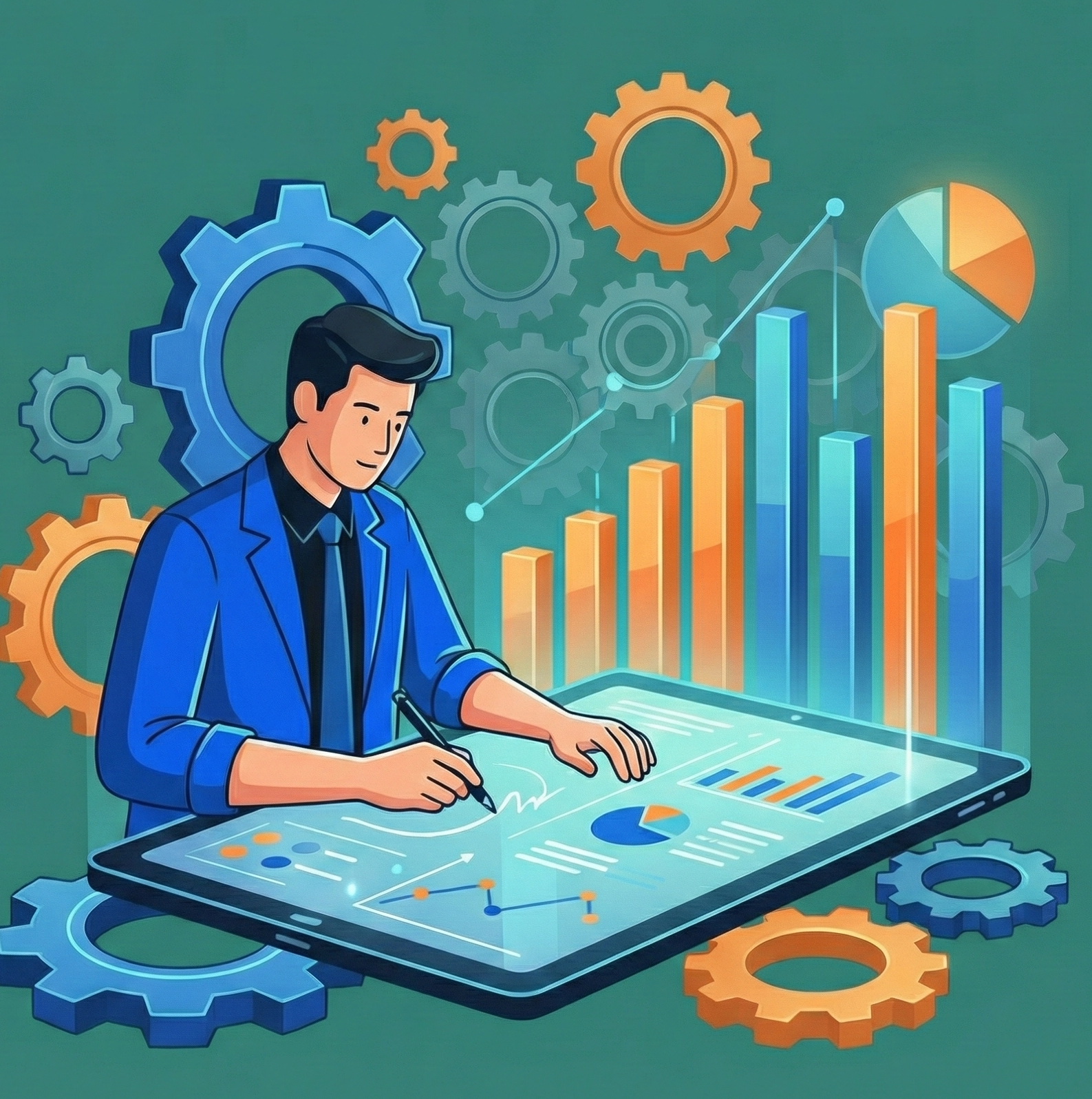 Illustration of a person analyzing data charts with gears in the background